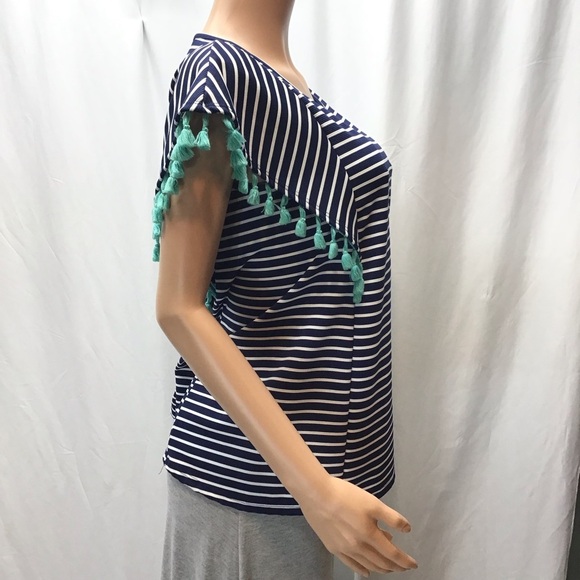 Twenty Second Boho Blue Striped Short Tassel Sleeve Top Size Medium - Picture 4 of 7